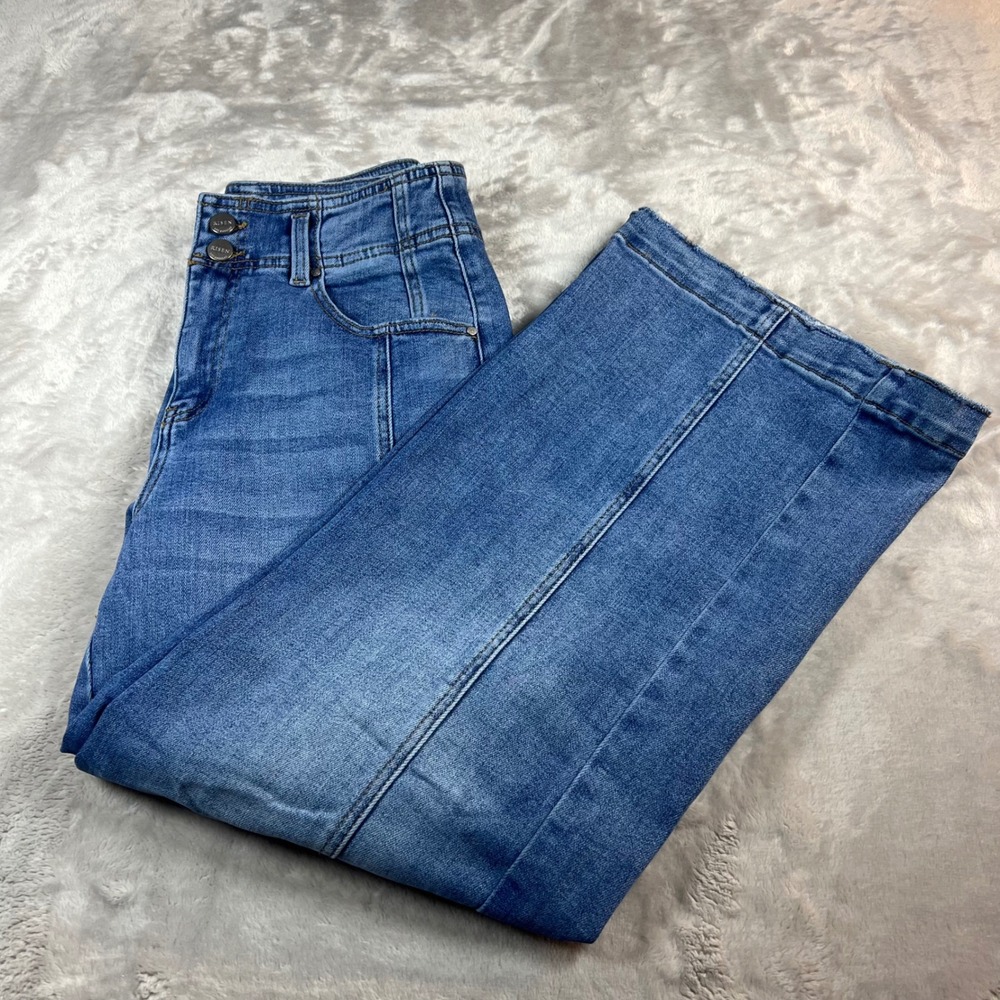 Risen Jeans Women's 9/29 Wide Leg Jeans Blue Front Seam High Rise Raw Hem